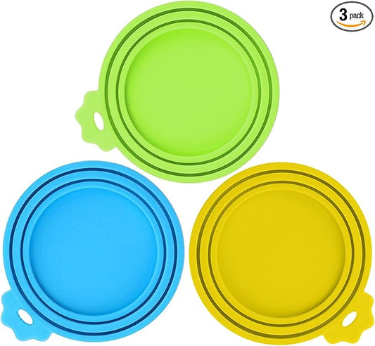 3 Pack Pet Food Can Covers, Silicone Universal Can Lids for Dog & Cat Food, BPA Free, One Fit Most Standard Size Can Lids Top Blue/Green/Yellow