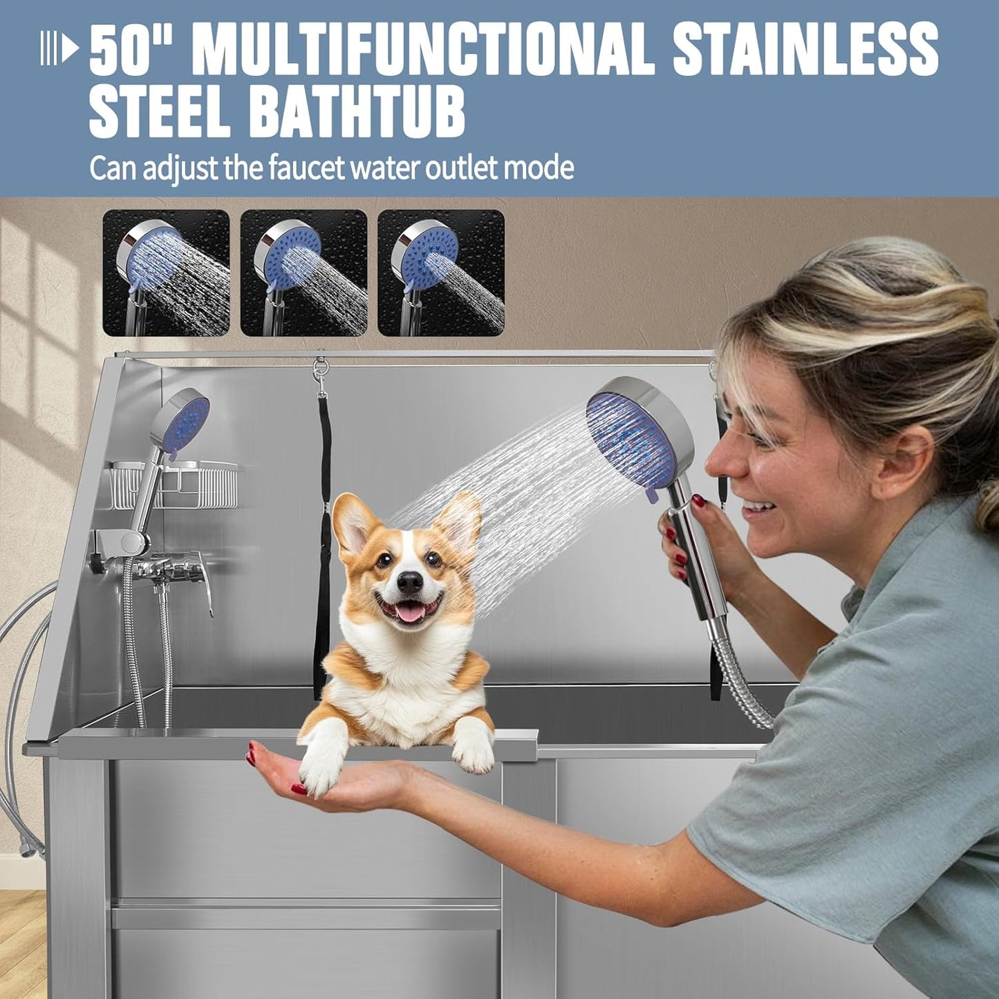 50" Dog Bathing Station, Professional Dog Washing Station Stainless Steel Dog Grooming Tub for Home,Equipped with Three Anti-Slip Steps, Removable Door, Pet Wash Station for Pet (50" Left ramp)