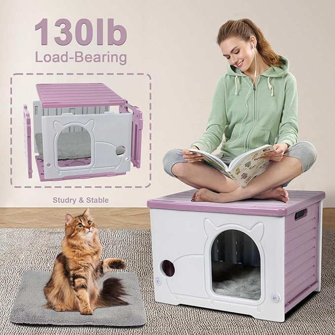 Plastic Cat House for Indoor Outdoor, Weatherproof Outside Cat House for Feral Cat, Stackable Cat Shelter with Plush Cushion (Pink)