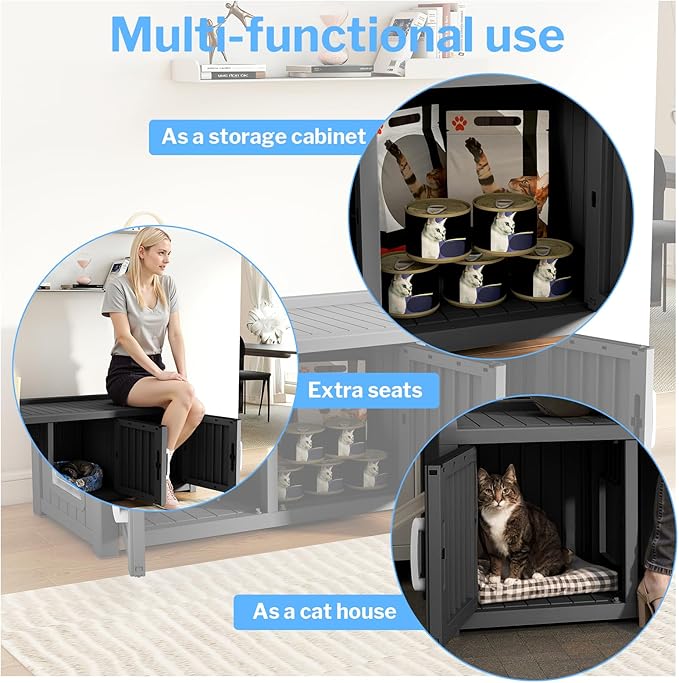 Cat Litter Box Enclosure Resin Hidden Cat Litter Box Furniture Multi Functional Three Door Spacious Odorless Waterproof UV Resistant Durable Indoor Outdoor Use Black
