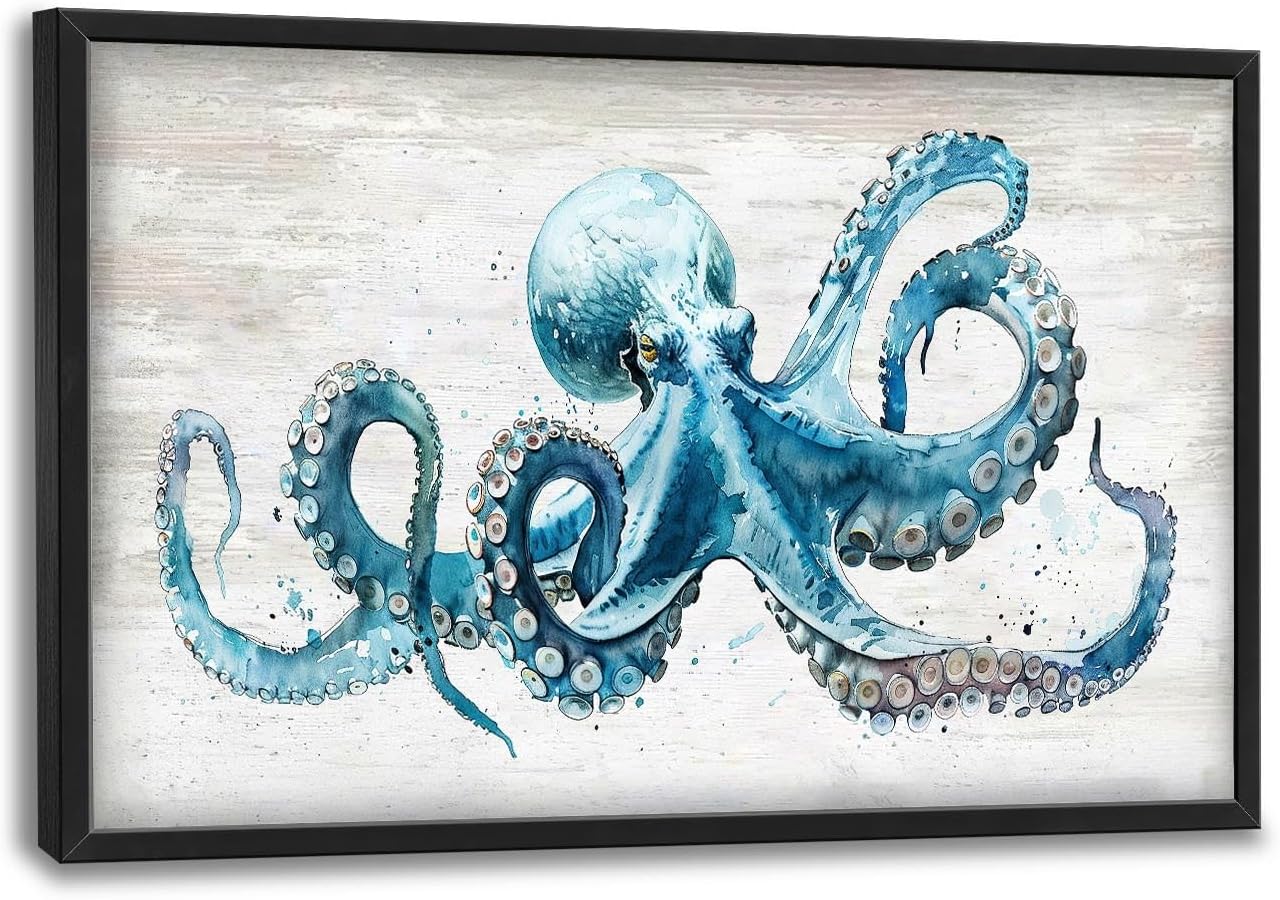 Octopus Large Wall Art Ocean Sea Nautical Pictures Rustic Blue Octopus Animal Wall Decor Canvas Print Painting Artwork for Bathroom Living Room Bedroom 36L" x 24W"