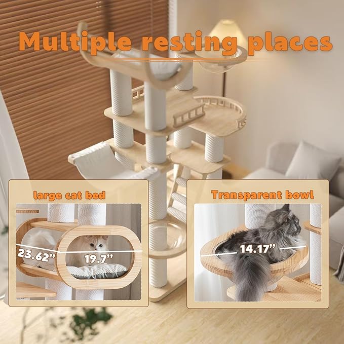 82.6'' Large Maine Coon Cat Tree,Luxury Wooden Cat Tower for Indoor Big Cats Adults 20lbs,XXL Heavy Duty Cat Condo with Big Cat Bed,Hammock,2*Clear Bowl,Platform with Fence,Sisal Ladder,Cat Furniture
