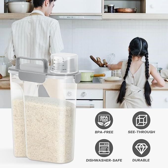 Dog Cat Food Storage Container, 5-7 Lbs Airtight Pet Food Storage Container with Easy-Pouring Spout and Portable Handle, Bird Seed Dispenser, Kitchen Organizer for Rice Cereal Flour -Light Grey