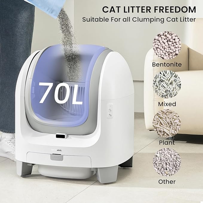 Large 70L Open-Top Self-Cleaning Litter Box for Cats, PET MARVEL Automatic w/App Control & Safety Protection, Multi-Cat Home Use, Easy Disassembly & Waste Bags (Model C1)