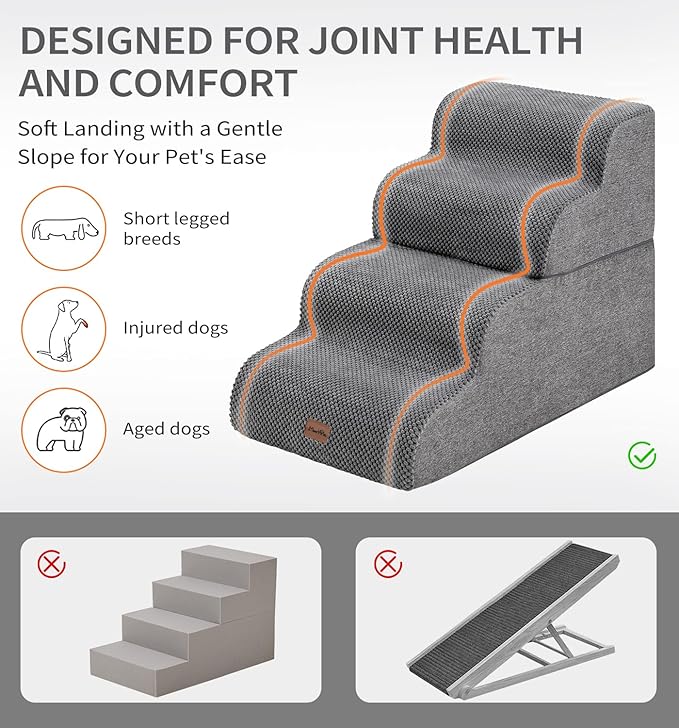 Made4Pets Dog Stairs Ramp for Bed, 4-Step Dog Steps for High Bed Couch Sofa Climbing, 35D Foam Pet Steps for Small Dogs and Cats, Non-Slip Bottom Pet Stairs, Grey