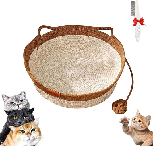 Stimulicat Cat Bed, Stimulicat Handwoven Cat Basket, Foldable Round Cotton Rope Cats Beds with Toy Tail and Built-in Scratching Pad, Scratch Resistance Easy to Clean (Brown, Medium)