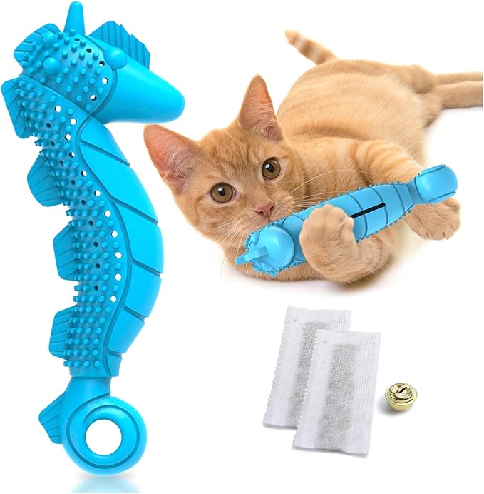 Ronton Cat Toothbrush Catnip Toy - Durable Hard Rubber - Cat Dental Care, Cat Interactive Toothbrush Chew Toy (1 Pack_Seahorse)