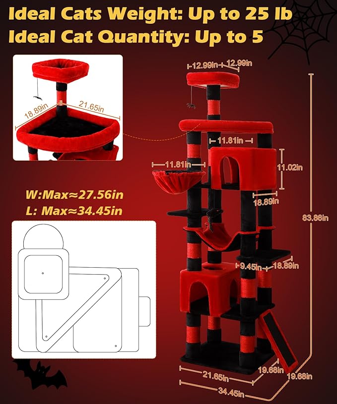 AMHANCIBLE Large Gothic Cat Tree, 83 Inch Tall Tower for Indoor Adult Cats, with Scratching Post and Board, Hammock, Condos, Hanging Basket, Activity Center to Play and Sleep, Black Red, PT21RD