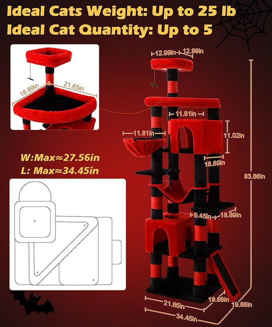 AMHANCIBLE Large Gothic Cat Tree, 83 Inch Tall Tower for Indoor Adult Cats, with Scratching Post and Board, Hammock, Condos, Hanging Basket, Activity Center to Play and Sleep, Black Red, PT21RD