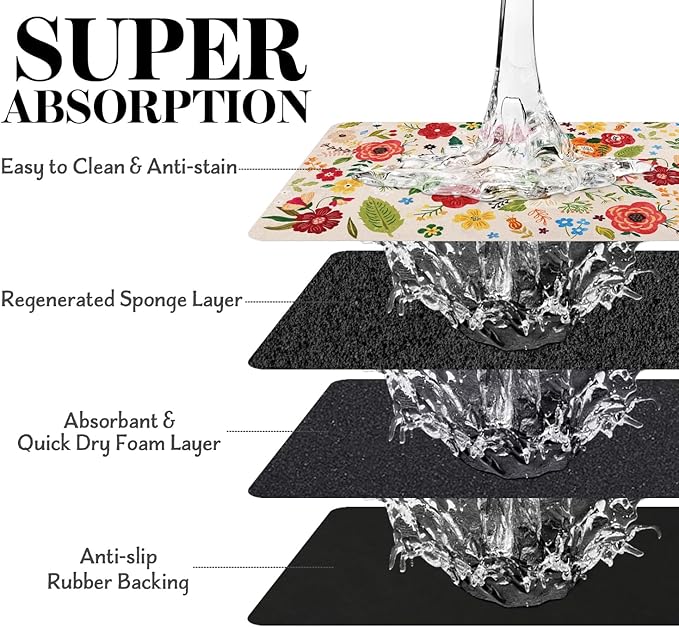 Dog Food Mats for Floors, Absorbent Quick Dry Pet Cat Food Mat, Dog Bowl Mats for Food and Water Dispenser Mat, Eco-Friendly Dog Accessories Pet Supplies 12""x20"", Floral White