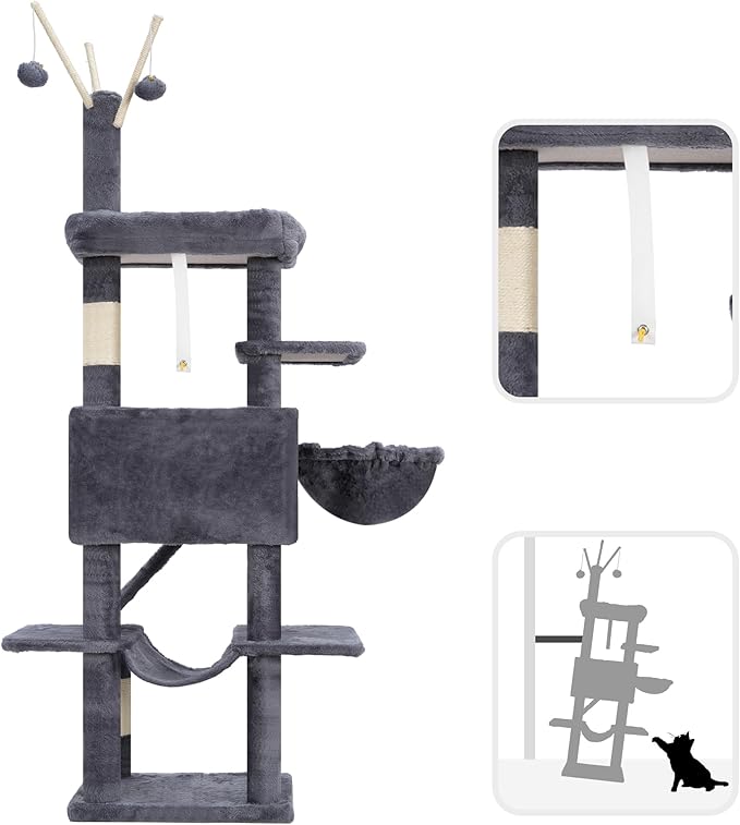 Cat Tree, Multi-Level Cat Tower for Indoor Cats, Cat Condo with Cat Scratching Post and Board, Cat Hammock, Smoky Gray GCT011G