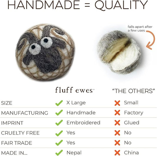 Fluff Ewes Wool Dryer Balls 3 Pack Premium New Zealand Wool Laundry Balls for Dryer, No Static Dryer Balls Laundry Reusable Cute - XL Wool Dryer Balls Cute, Baby Dryer Balls for Dryers - Lights