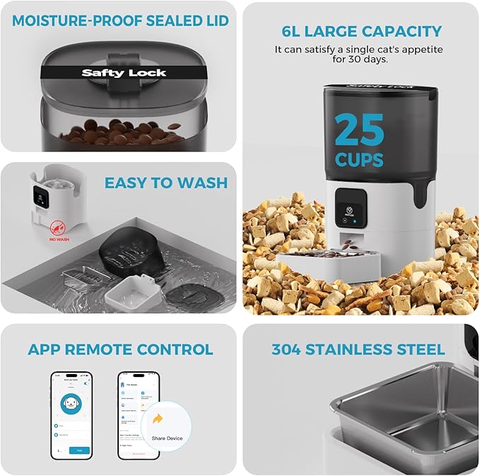 PAPIFEED 5G WiFi Automatic Cat Feeders: Smart Automatic Cat Food Dispenser with Slow Feeding Mode, Detachable for Easy Cleaning, Pet Feeder with Alexa, 1-30 Meals Per Day for Multiple Pets (6L/25 Cup)