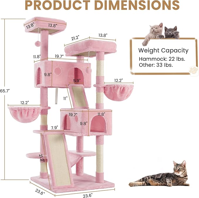 SHA CERLIN 65in Larger Cat Tree Tower Condo for Indoor Kitties/Multi-Level Furniture Activity Center with Wide Base/Cozy Plush Cat Perches/Baskets/Sisal Scratching Posts and Hammock/Pink