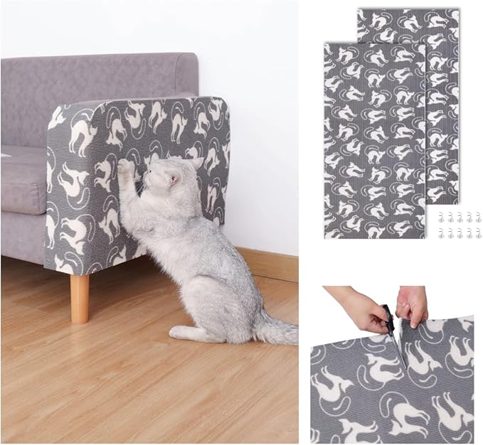 Set of Two 39.4’'x15.8’’ Trimmable DIY Upholstery Cat Anti-Scratch Mat - Asisumption Self-Adhesive Pads for Carpet, Cat Tree Shelves Replacement, Cat Climbing Walls and Couch Protector (Grey Cats)