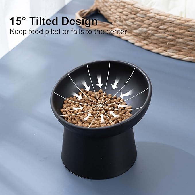 YauYik Ceramic Raised Cat Bowls, Elevated Tilted Cat Food and Water Bowls Set, Stress Free Pet Feeding Dish for Indoor Cats and Small Dogs, Anti Vomiting, Black, 2 Pack