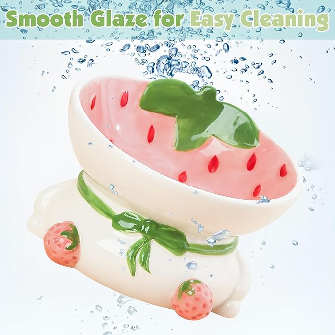 kathson Ceramic Raised Cat Bowl, 15° Tilted Elevated Cat Food Bowl, Raised Cat Food Bowls Anti Vomiting, Small Cat Feeding Bowlswith Stand for Protecting Spine, Strawberry Shaped Cute Kitten Bowl