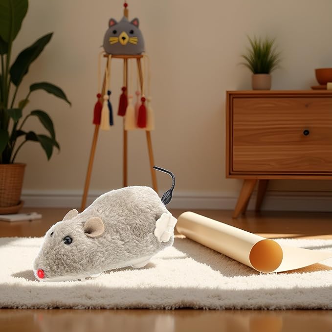 Brown Wind Up Plush Mouse - Mouse Hunting , Feathered Cat Toy, Interactive Wind Up Mouse for Cats Life Like Simulation, Plush Rats Mouse Chasing Interactive for Indoor Kitties Cat Mice and Animals