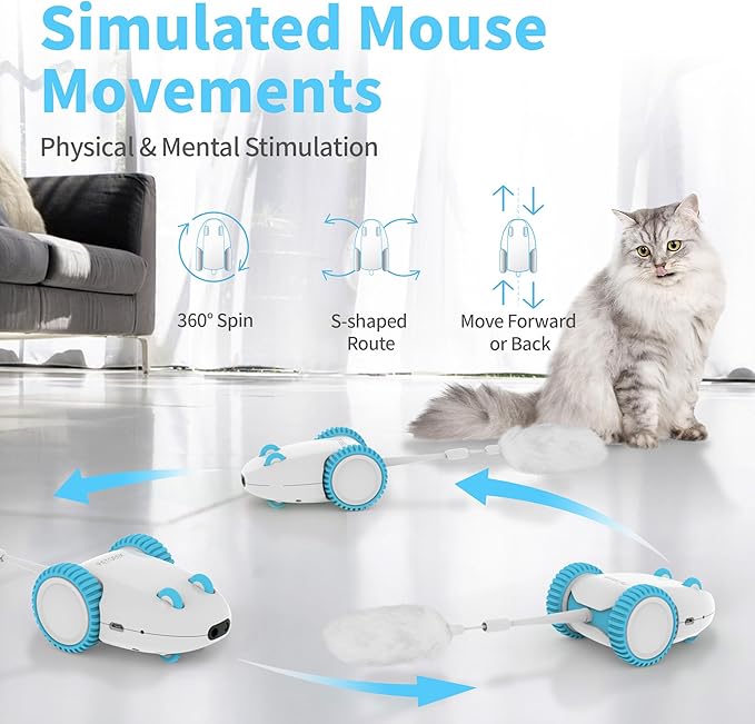 PETGEEK Automatic Cat Mouse Toys Interactive Cat Toys for Indoor Cats, Smart Sensing Moving Electric Cat Toys with Catnip Wand, USB Rechargeable Remote Control Squeaky Mouse Cat Toy, 3 Catnip Tails