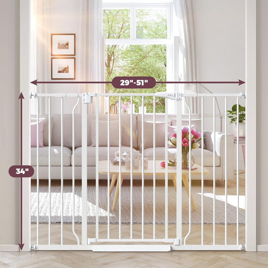 34" Extra Tall Baby Gate for Stairs, Auto Close Stroller Friendly Dog Gate Indoor for Doorways, Pressure Mounted 29"-51" W Baby Gate, Easy Walk Through Gate for Children & Pets, White