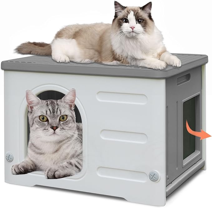 Deblue Plastic Cat House for Indoor & Outdoor, Waterproof Feral Cat House with Escape Door, Sturdy Pet Shelter for Cats, Puppy, Rabbit, Easy to Assemble and Clean-Grey