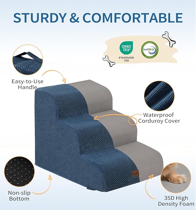 Made4Pets Dog Stairs Ramp for High Bed, 5-Step Pet Stairs for Bed Couch Sofa Climbing, 35D Foam Pet Steps for Small Dogs and Cats, Non-Slip Bottom Dog Steps, Navy