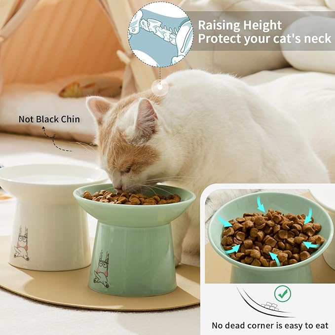 OMAYKEY 6.5 Inch Extra Wide Raised Cat Bowls, Ceramic Elevated Cat Bowl for Food and Water, Wide Shallow Cat Food Dish, Whisker Fatigue, Protect Spine, Lead & Cadmium Free, White & Green