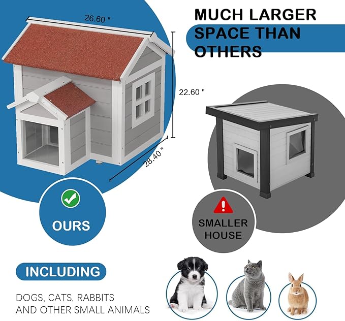 Feral Cat House for Outdoor Cat Enclosure Winter Double Rooms Weatherproof with Openable Roof