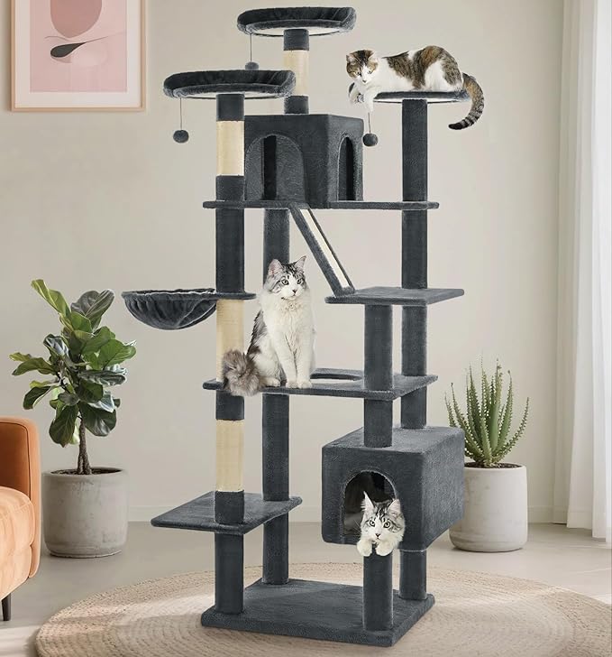 Made4Pets Tall Cat Tree, 80" Cat Tree Tower for Indoor Cats Large Adult, Modern Cat Tower with Scratching Post, Cozy Hammock, 3 Perches and 2 Condos, Sturdy and Fluffy, Dark Gray