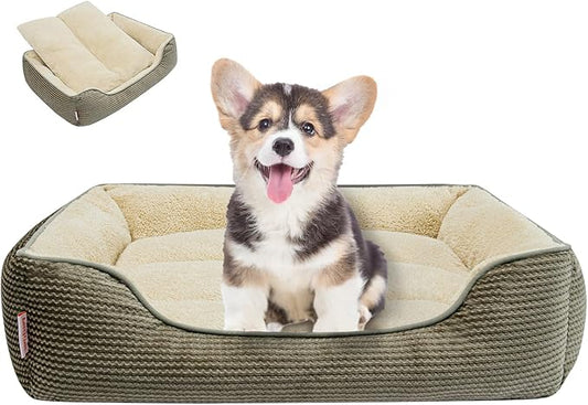 Miguel Dog Bed with Removable Cushion/Pillow for Small Dogs, Washable Pet Bed with Side Easy to Wash Puppy Bed, Rectangle Cat Beds for Indoor Cats with Anti-Slip Bottom, Khaki 20 Inch