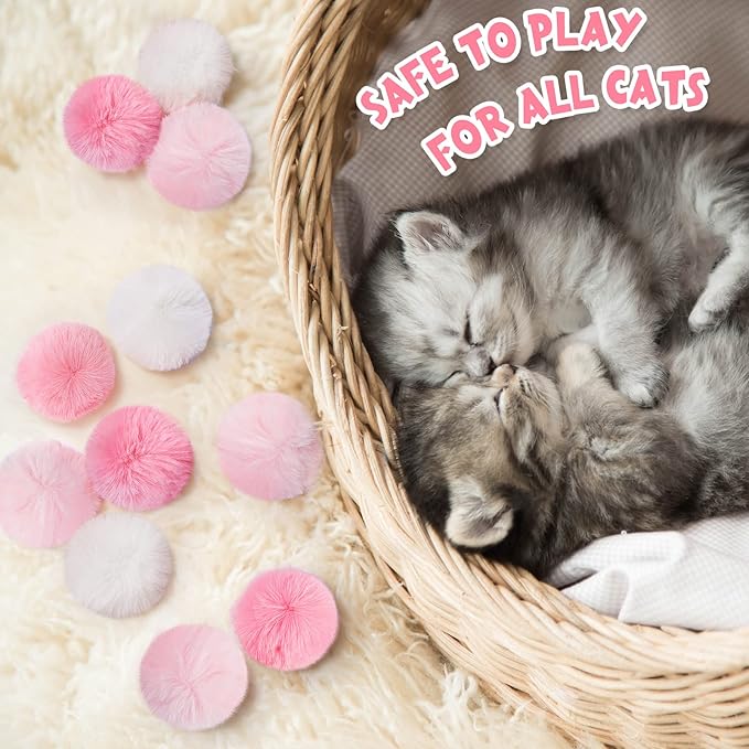 Weewooday 12 Pieces Cat Pom Pom Balls Toys Large Fuzzy Cat Ball Artificial Large Plush Ball for Cats Pets Interactive Playing Indoor(Pink, White,Solid Color)