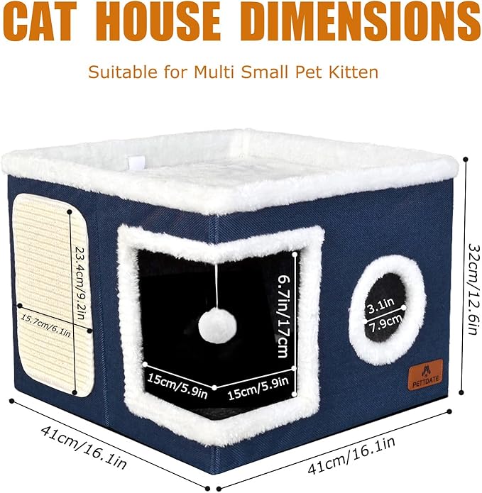 Cat Beds for Indoor Cats - Foldable Cat Hideaway with Hanging Fluffy Ball and Scratch Pad, Large Cat Bed Cave with Reversible Cushion for Multi Small Pet Kitten, Blue