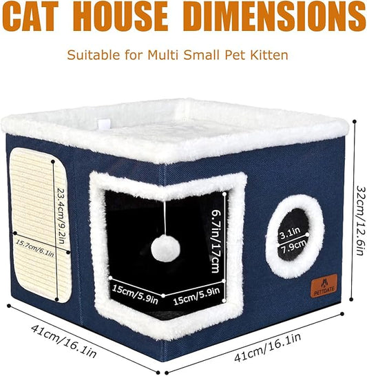 Cat Beds for Indoor Cats - Foldable Cat Hideaway with Hanging Fluffy Ball and Scratch Pad, Large Cat Bed Cave with Reversible Cushion for Multi Small Pet Kitten, Blue