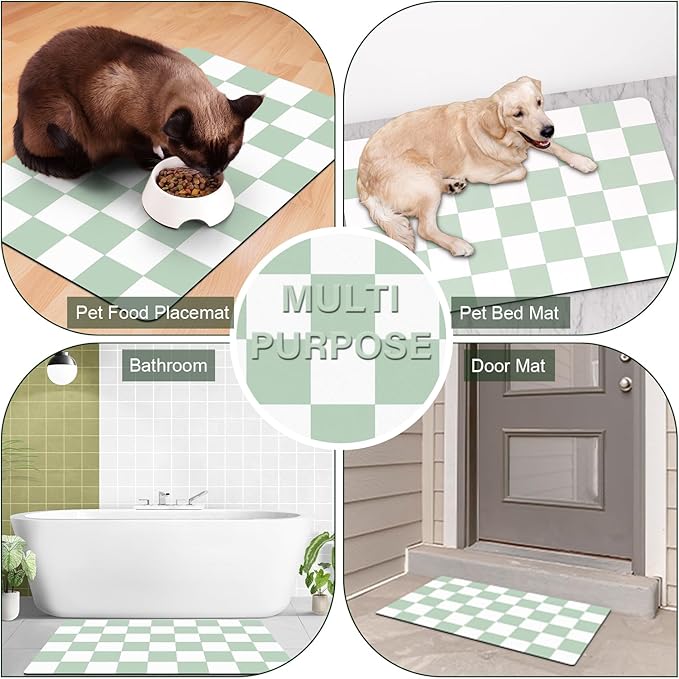 Cat Food Mat - 12"x 20" Cat Dog Mats for Food and Water Bowl, Checkered Pet Placemat Feeding Mat, Non-Slip Under Pet Bowls Mats for Messy Drinkers, Green & White
