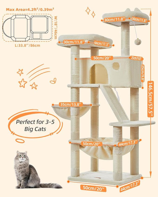 Taoqimiao Cat Tree 57.5-Inch, Cat Tower for Indoor Cats Large Adult, Extra Large Cat Condo, 8 Sisal Scratching Posts, Metal Frame Cozy Hammock, Durable Scratch Board, 2 Top Perches, Beige MS026M