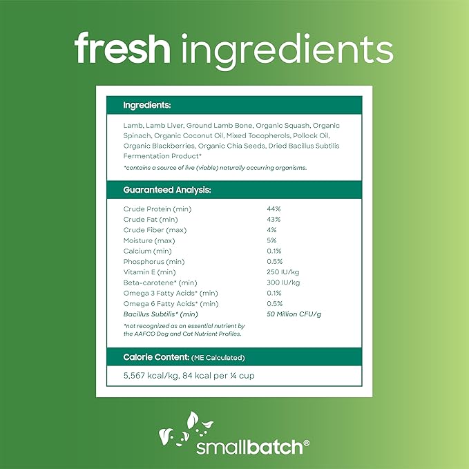 smallbatch Freeze Dried Dog Treats, Superfood Food Topper Lamb Bites for Dogs & Cats, Probiotics, Organic Ingredients, High Protein, Grain Free Healthy Treat or Food Topper, Made in The USA, 7 oz Bag