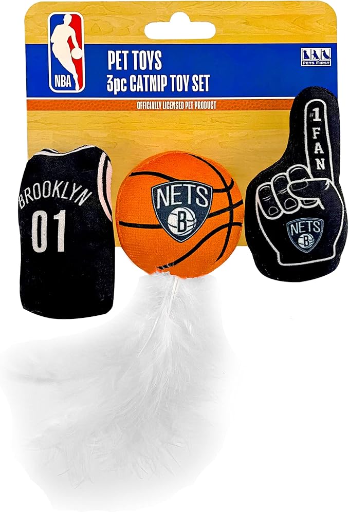 Best Plush CAT Toy - NBA Brooklyn NETS Complete Set of 3 Piece Cat Toys Filled with Fresh Catnip. Includes: 1 Jersey Cat Toy, 1 Basketball Cat Toy with Feathers & 1#1 Fan Cat Toy. Beautiful Team Logo