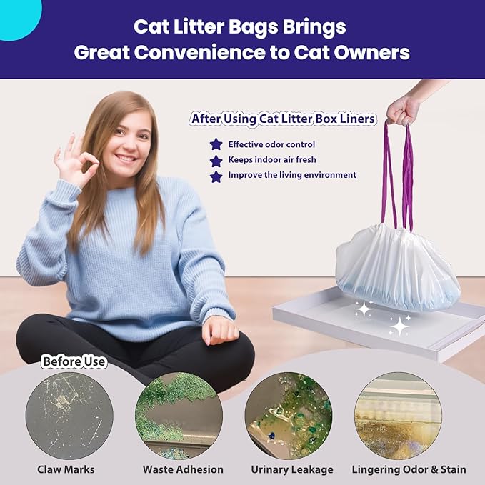 24 Count Litter Box Liners, Waste Bags Compatible with Pet-safe ScoopFree Self-Cleaning Litter Box Tray Refills, Drawstring Litter Bags for Reusable Tray, Pre-Separated (38"L x 14.5"W x 7.8"H)