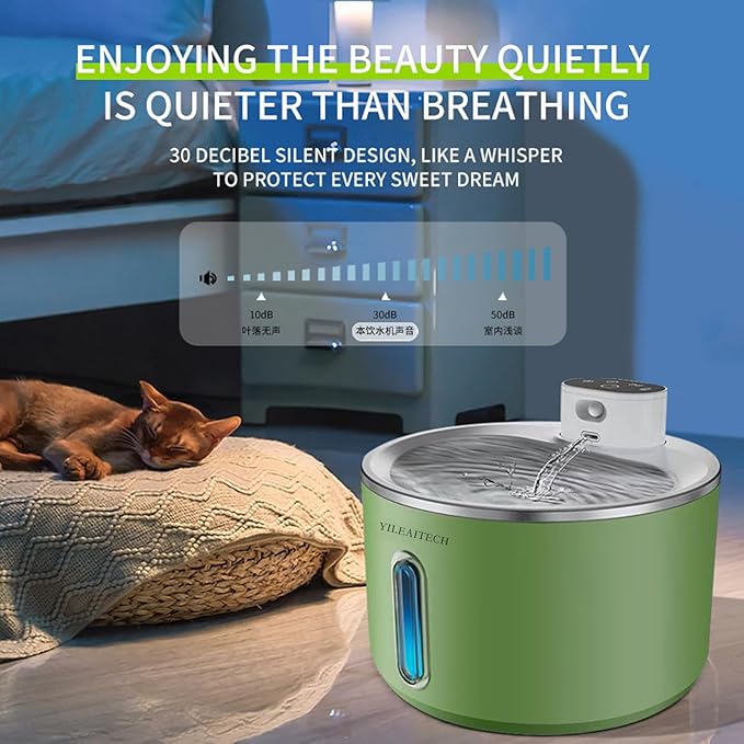 Wireless Cat Water Fountain Stainless Steel, 135oz/4L Cat Fountain, Battery Operated, Cordless Pet Water Fountain for Cats & Dogs with Motion Sensor, Ultra Quiet Pump, 12 Filters (Green, 4L)
