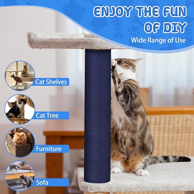 Climbing Cat Scratcher Mat Trimmable Cat Scratching Post Carpet 157.4’’x15.8’’ Self Adhesive Carpet Mat Pad Replacement for Cat Tree Shelves Post Couch Wall Furniture Steps DIY Protector (Dark Blue)