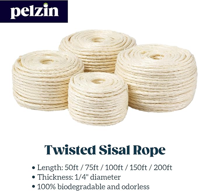 Natural Sisal Rope for Cat Scratcher 1/4 Inch by 100 Feet, Cat Tree Rope Twine for Cat Scratching Post Replacement, Cat Tower with Scratch Post Repairing, Replace, Recovering and DIY, White
