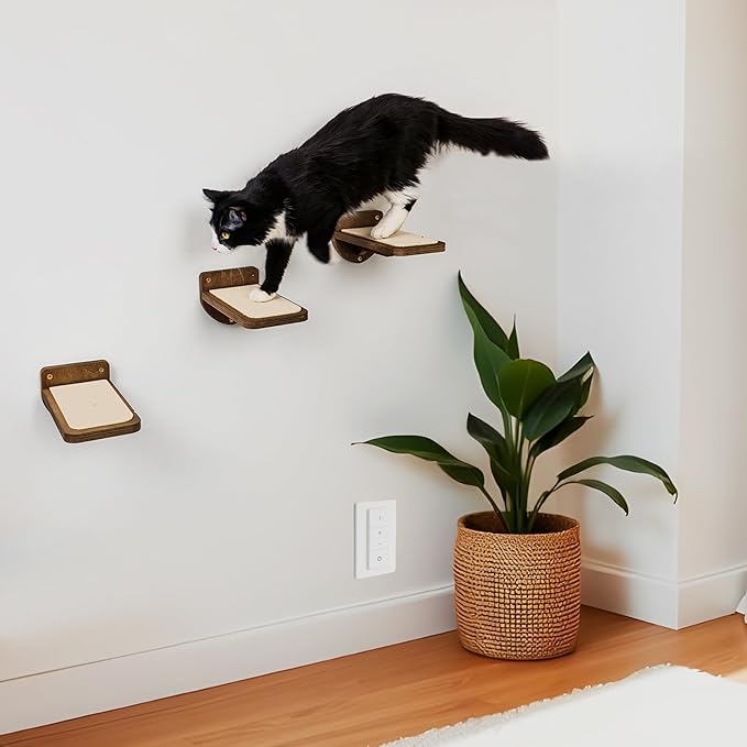 INICIO Cat Wall Stairs - Set of 3 Wall Steps for Cats to Climb with Fixtures, 9.3"x4.7" - Floating Steps for Climbing or Playing - for Kittens and Adult Cats, Dark Brown