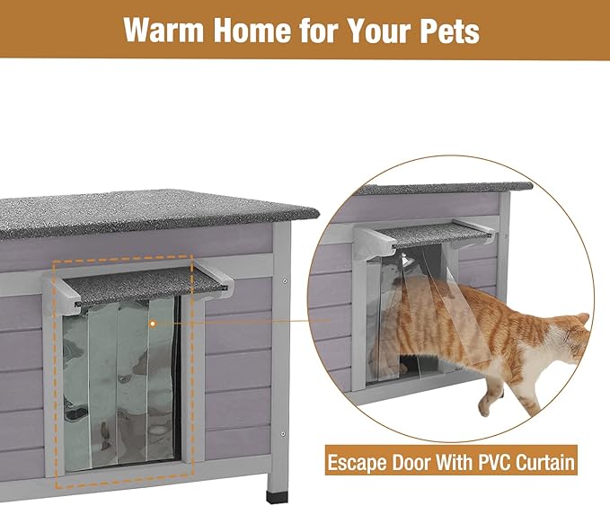 GUTINNEEN Outdoor Cat House Insulated Cat House Weatherproof Feral Cat Shelter with Hinged Asphalt Roof & Covered Opening, PVC Door Curtain, Raised Floor for Cats