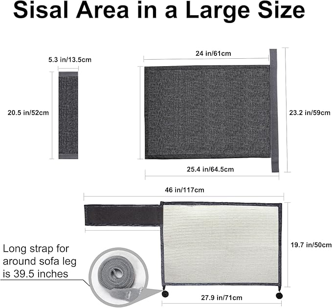 Upgraded Cat Scratch Furniture Couch Protector with 27.6’‘L*19.6’‘W Natural Sisal for Protecting Large Area Couch Sofa Chair(Dark Grey/Left Handed)