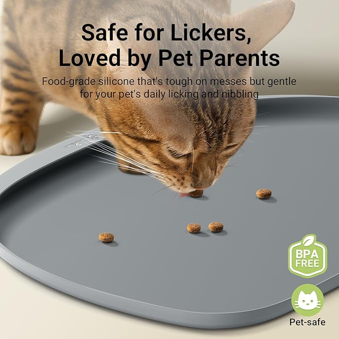 DownyPaws Dog Food Mats for Floors Waterproof, BPA Free Silcone Dog Bowl Mat, Non-Slip Pet Feeding Mat with High Raised Edge, Cat Placemat for Messy Drinkers, 18"×12.5", Light Gray