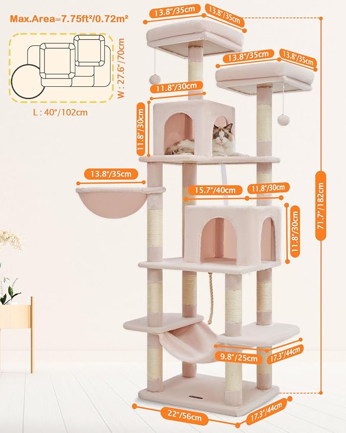 TaoqimiaoCat Tree Cat Tower for Indoor Cats, Plush Multi-Level Cat Condo with 12 Scratching Posts, 2 Perches, 2 Caves, Hammock, 2 Pompoms Jelly Pink