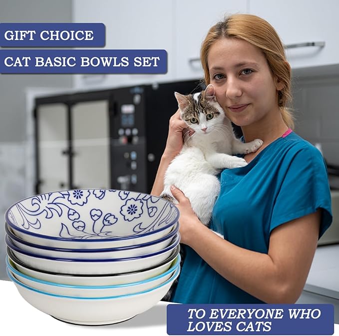 Ceramic Cat Bowls with Non-Slip Silicone Bottom,Prevent Whisker Fatigue,Reduce Mess,Wide Cat Bowls for Indoor Cats,6 Colorful Set for Daily Feeding Gift Choice