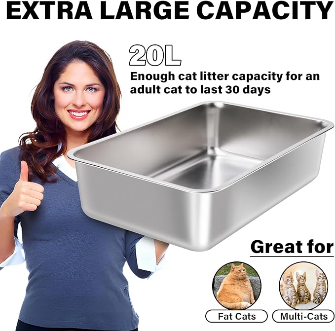 Stainless Steel Litter Box XL, Metal Cat Litter Box High Sides，23.6"x15.8"x6" (Deep) Extra Large Stainless Steel Cats Litterbox for Big/Fat Cats/Kitty Indoor, Non Stick No Smell Easy Clean