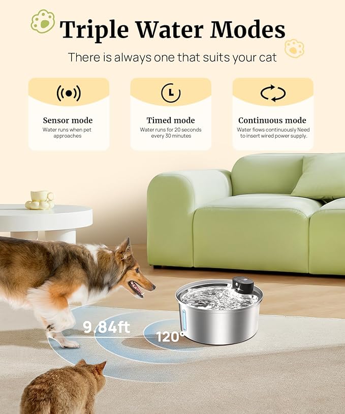 Dog Water Fountain for Large Dogs, 2025 Upgraded Fully Stainless Steel Automatic Dog Water Bowl Dispenser - 3 Work Modes, 6000mAh Battery Operated Dog Water Fountain Cordless - 7L/1.8Gal/236oz