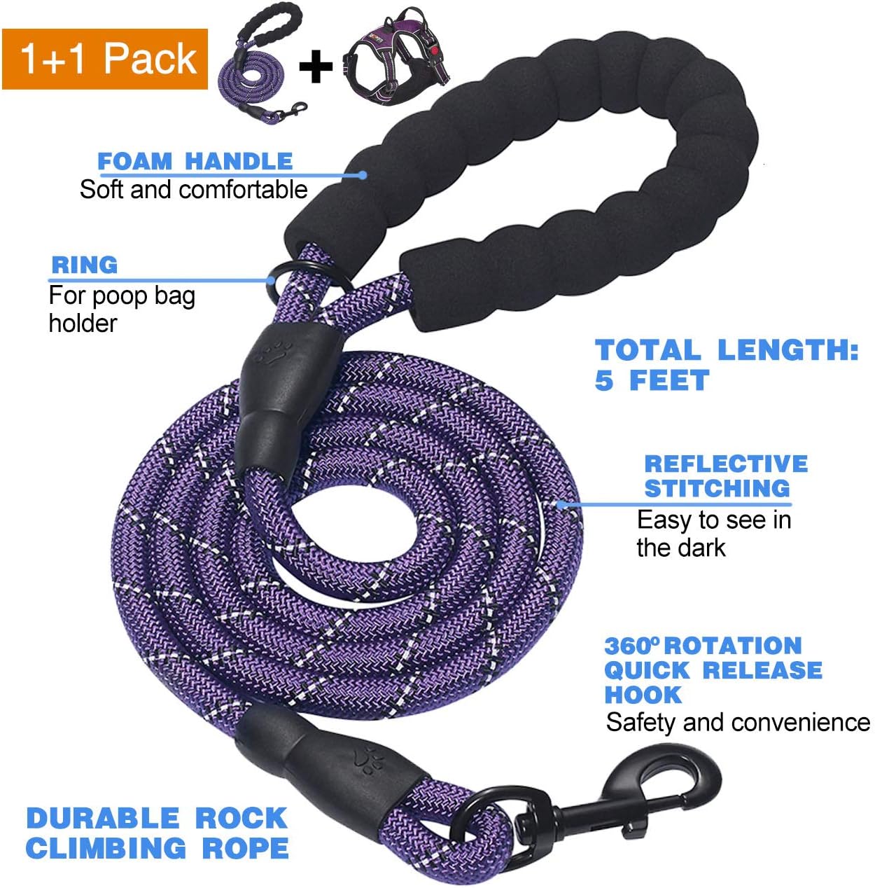 No Pull Dog Harness Adjustable Reflective Oxford Easy Control Medium Large Dog Harness with A Free Heavy Duty 5ft Dog Leash (S (Chest: 17.5"-21"), Purple Harness+Leash)